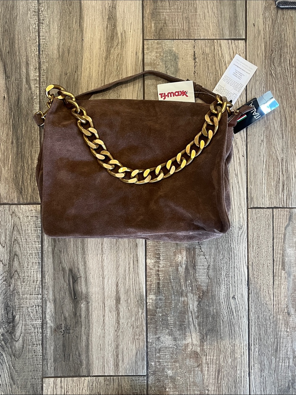 NWT Brown Suede Shoulder Bag with Gold Chain Handle